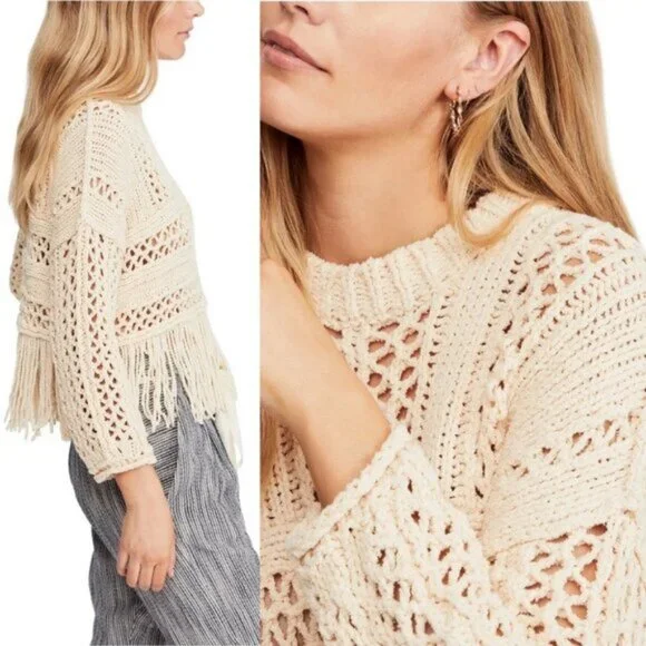NWT Free People Higher Love Crochet Knit Fringe Boho Sweater Size Medium Hippie - Picture 2 of 6